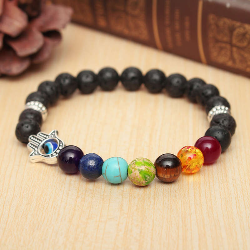 Men Hand Evil Eye Lava Rock Buddha Elastic Bead Bracelet Bangle