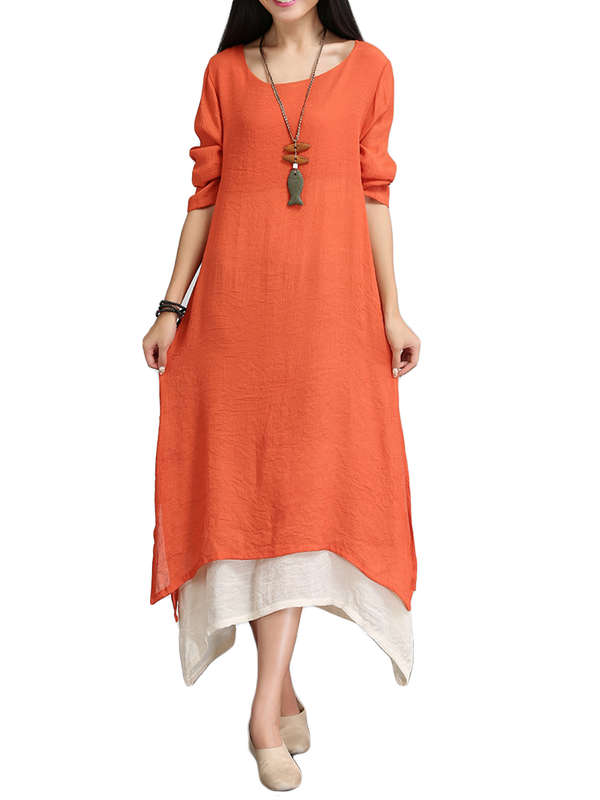 Elegant Women False Two-piece Boho Loose Cotton Linen Maxi Dress