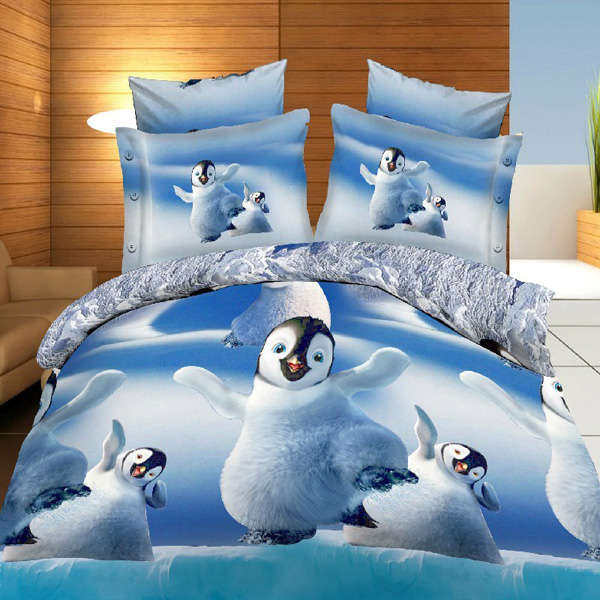4pcs 3D Cute Penguins Reactive Dyeing Thicken Bedding Sets Polyester Fiber Queen King Size Duvet Cov
