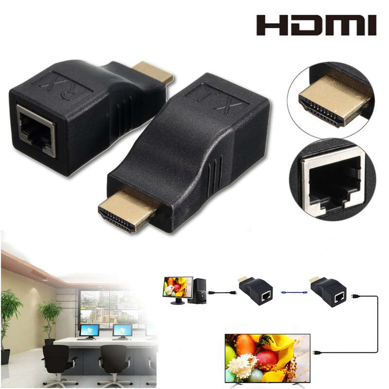2Pcs HDMI to RJ45 Network Lan Ethernet Cable Extender Over by Cat 5e/6 HD 1080P 3D