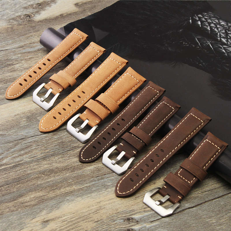 Mens Leather Watch Band Strap 22 24mm Dark / Light Brown for Panerai iWatch -* 22mm | Dark Brown