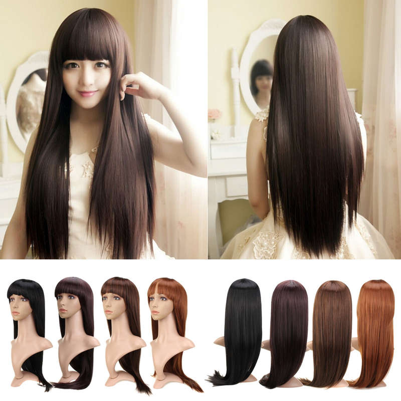Womens Neat Bang Long Straight Hair Wigs Full Wigs