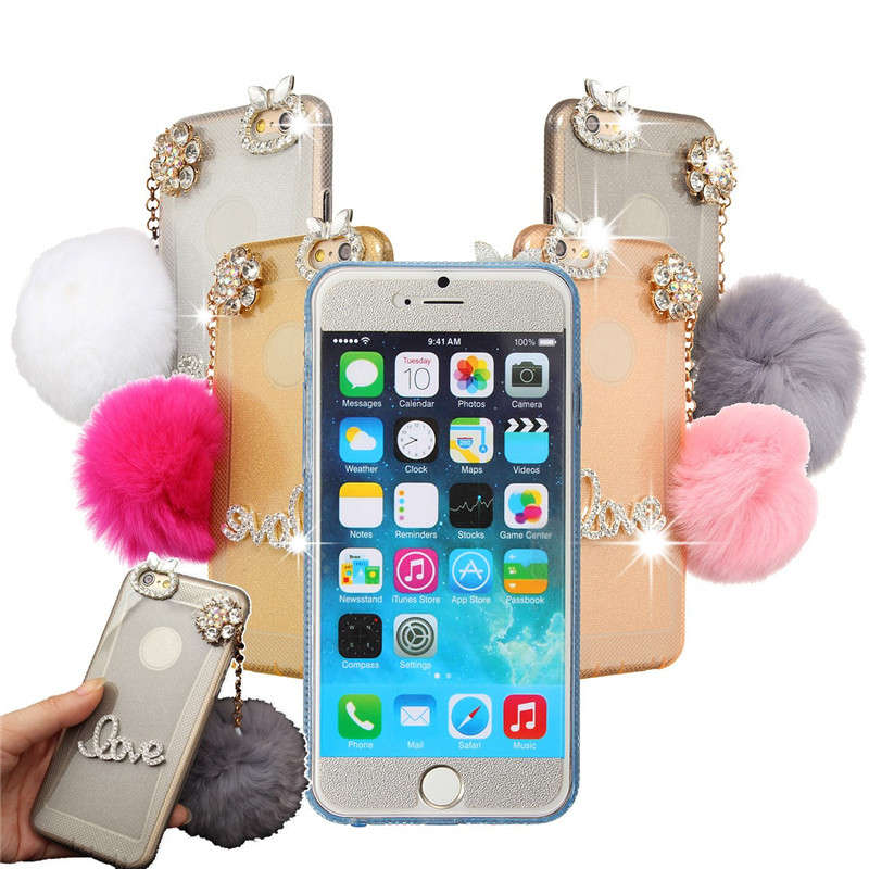 For Apple iPhone 6 6S 4.7 inch Durable Slim Soft TPU Back Case Bling Diamond Plush Ball Cover