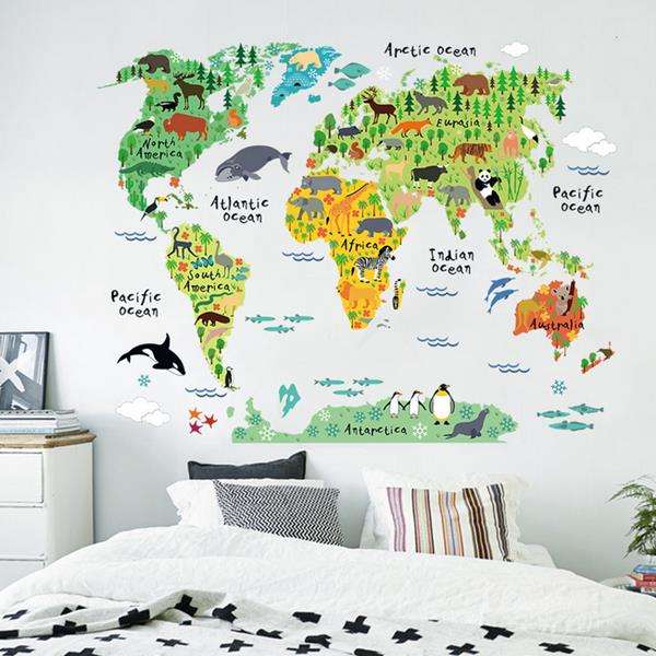 Cartoon Animal World Map Wall Sticker Living Room Home Decoration Creative Decal DIY Mural Wall Art