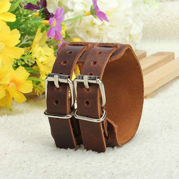 Men Punk Leather Bracelet Wristband Cuff Bangle 2 Layer