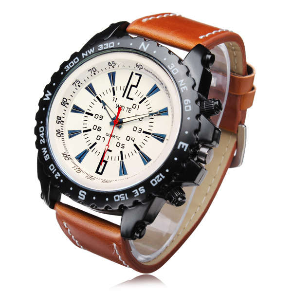 WEITE Military Army Style Coffee Leather Band Quartz Analog Watch
