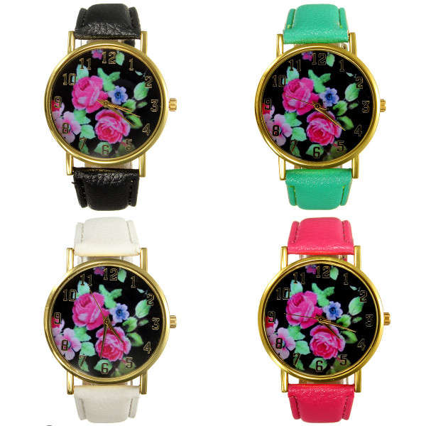 Women Rose Flower Pattern PU Leather Band Quartz Wrist Watch