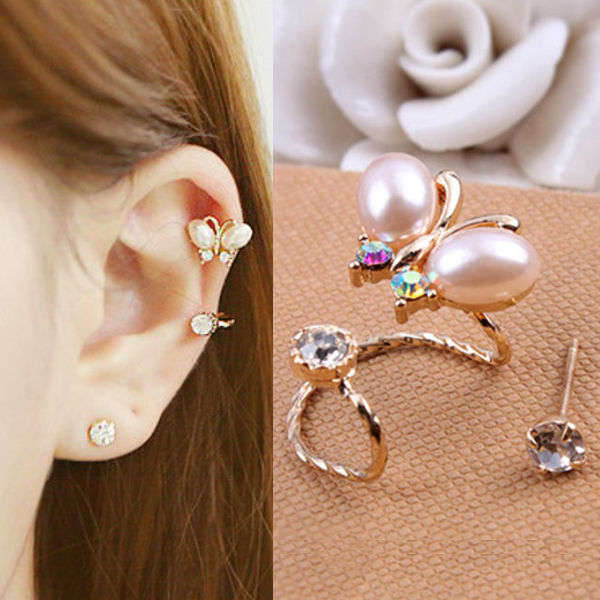 2Pcs Butterfly Flower Rhinestone Ear Cuff Clip Studs Gold Plated
