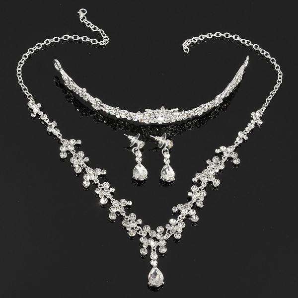 Rhinestone Water Drop Crown Necklace Earrings Bridal Jewelry Sets