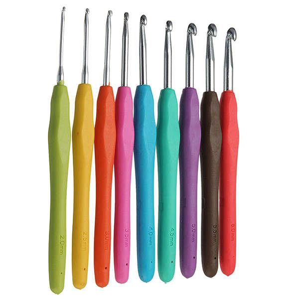 9pcs Plastic Handle Aluminum Crochet Hooks Needles 2-6mm Craft Knit