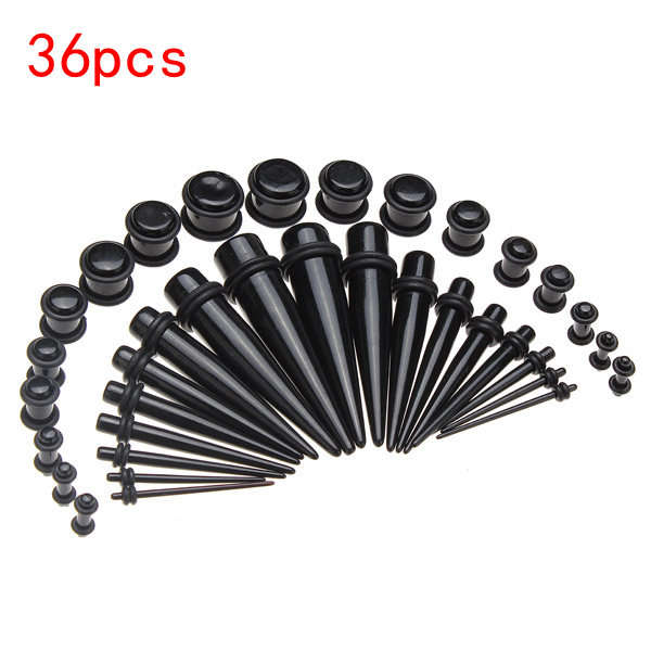 36Pcs 1.6-10mm Black Ear Expander Gauges Tunnel Taper Plugs Stretcher Kit