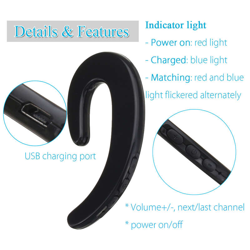 Portable Bone Conduction Earhook Sports Wireless Bluetooth Earphone Headphone Headset with Mic -