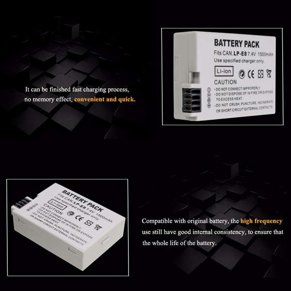 LP-E8 7.4V 1500mAh Rechargeable Camera Battery Pack for Canon 550D 600D 650D 700D - 0.03kg