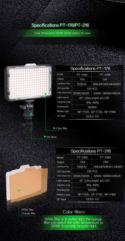TOLIFO PT-176S LED Camera Video Light Bi-color Temperature Adjustable Photography for DSLR Camera -