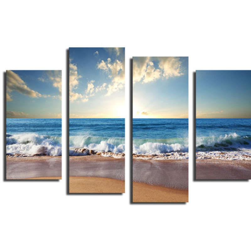 Beach Seascape 4Pcs Combination Painting Printed On Canvas Frameless Drawing Home Wall Decor