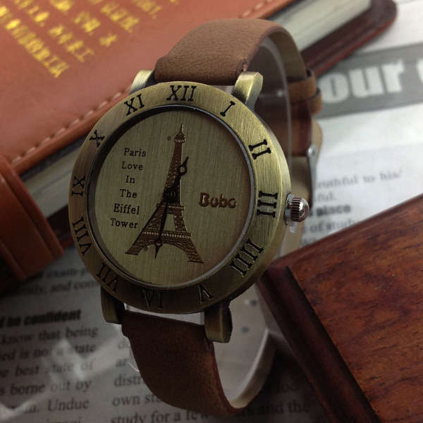 Retro Women Eiffel Tower Pattern Roman Number Wrist Watch