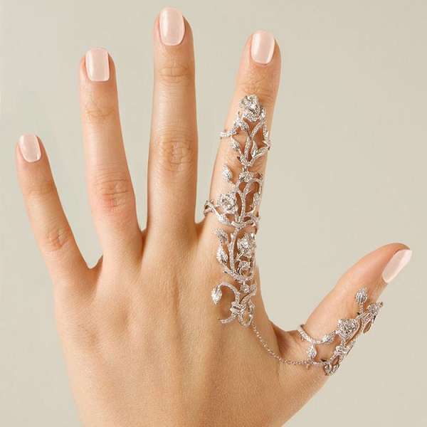 Gold Silver Rhinestone Rose Flower Link Double Rings Adjustable