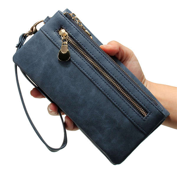 Women Double Zipper Polish Leather Long Wallet Ladies Casual Clutches Purse Card Holder