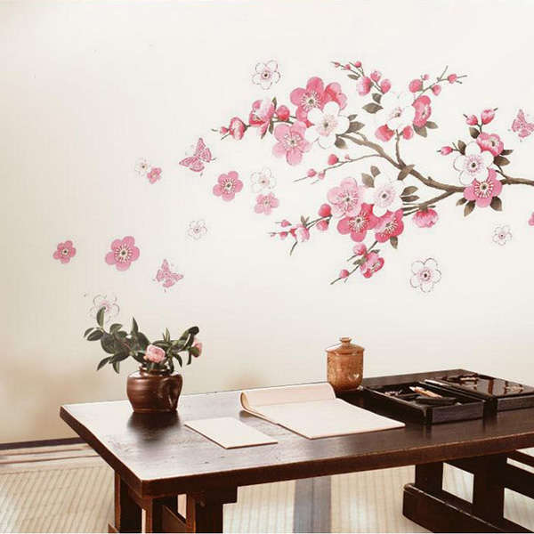 Pink Plum Flower Butterfly Living Room Bedroom Wall Stickers
