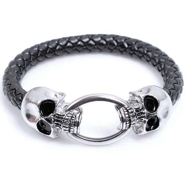 Punk Black PU Leather Skeleton Skull Stainless Steel Bracelet Men Jewelry