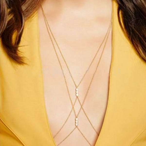 Sexy Double Layers Gold Pearl Cross Bikini Body Chain Necklace Women