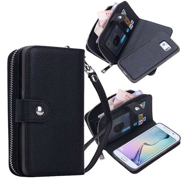 Litchi Grain Leather Wallet Case Removable Zipper Card-slot Case for Samsung Galaxy S6 Edge Plus