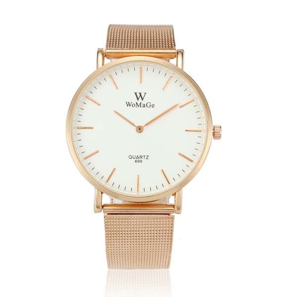WOMAGE 699 Fashion Couple Quartz Watch Casual Rose gold Mesh Steel Band Wrist Watch