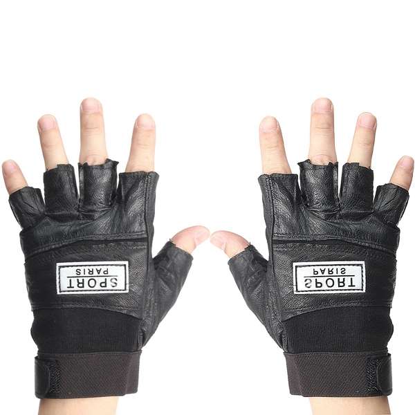 Unisex Half Finger Black PU Gloves Sport Driving Cycling