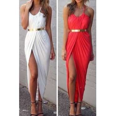 Sexy Bohemian V Neck Spaghetti Strap Asymmetrical Ankle Length White Spandex Dress(Waistband Not Included)