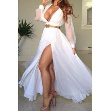 Sexy V Neck Long Sleeves Side Split Solid White Ankle Length Dress