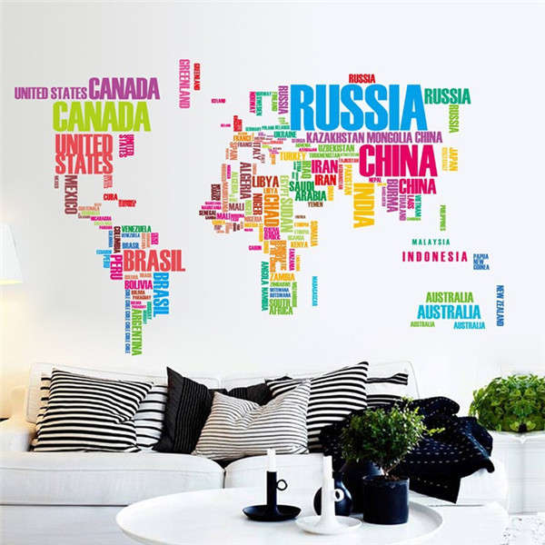 Colorful World Map Wall Stickers Large English Alphabet Removable Decal