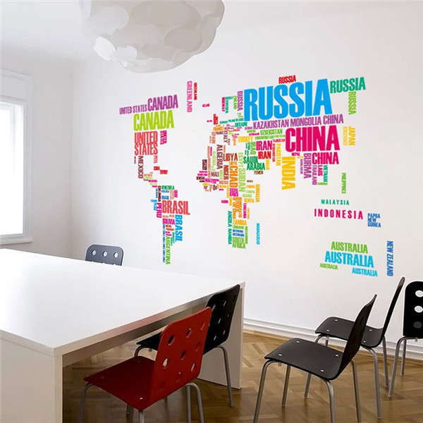 Colorful World Map Wall Stickers Large English Alphabet Removable Decal