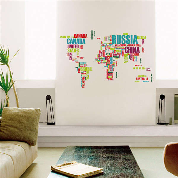 Colorful World Map Wall Stickers Large English Alphabet Removable Decal