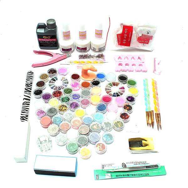 60 Acrylic UV Powder Glitter Glue Nail Art Tool Kit Set
