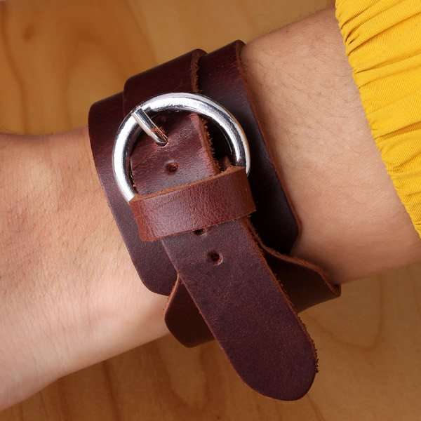 Loop Wide Button Leather Bangle