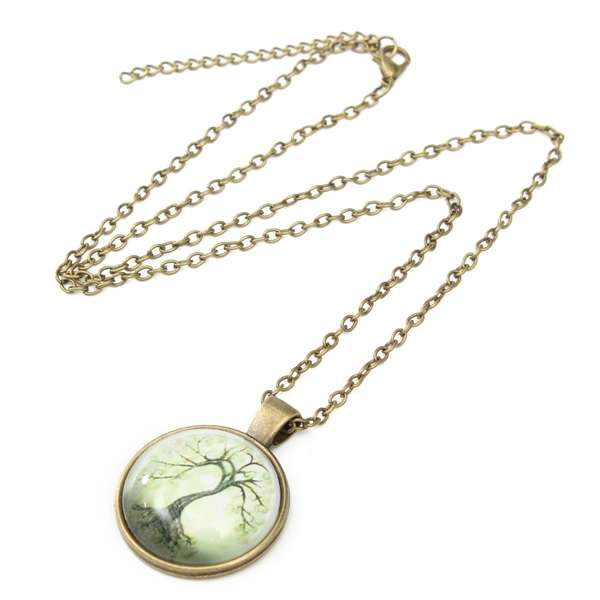 Tree Necklace, Glass Cabochon Necklace, Bronze Chain Necklace