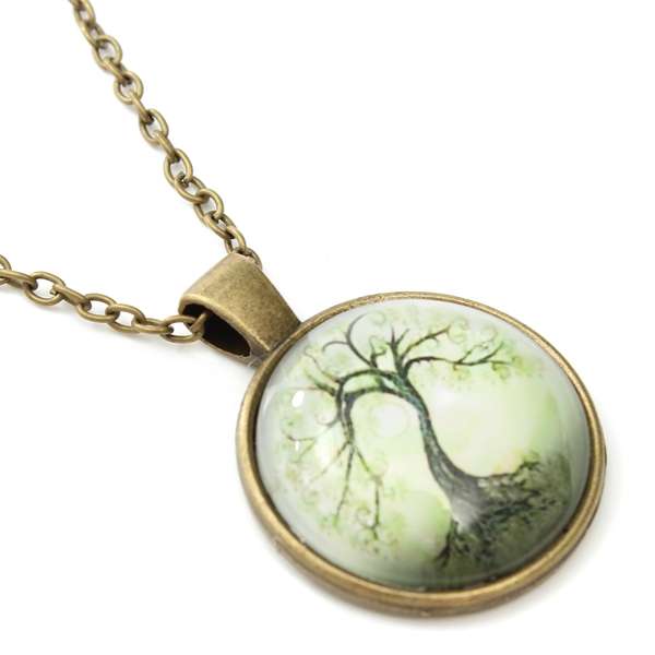 Tree Necklace, Glass Cabochon Necklace, Bronze Chain Necklace