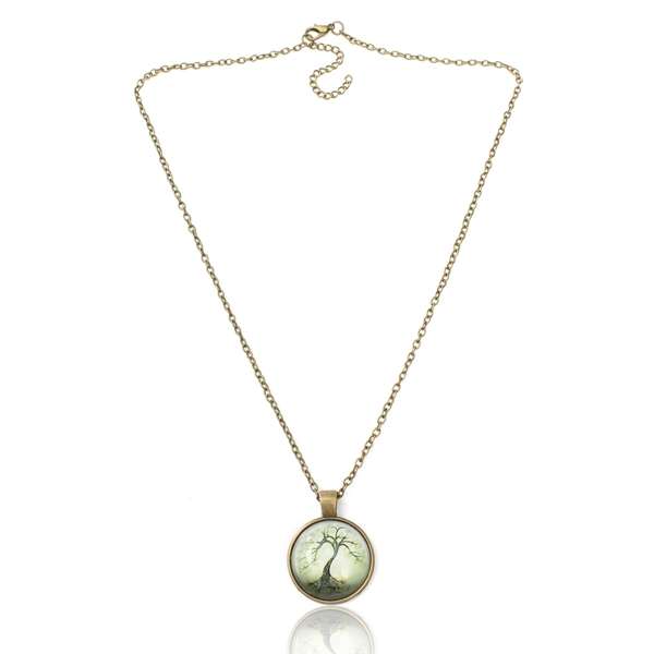 Tree Necklace, Glass Cabochon Necklace, Bronze Chain Necklace