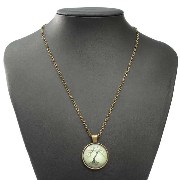 Tree Necklace, Glass Cabochon Necklace, Bronze Chain Necklace