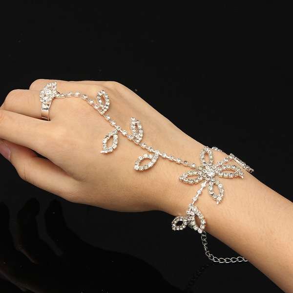 Silver Plated Leaves Rhinestone Bracelet
