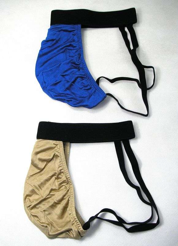 LOT 2PAIR NEW SILK KNIT MEN'S THONG JOCK STRAP SZ L/XL GOLD AND BLUE