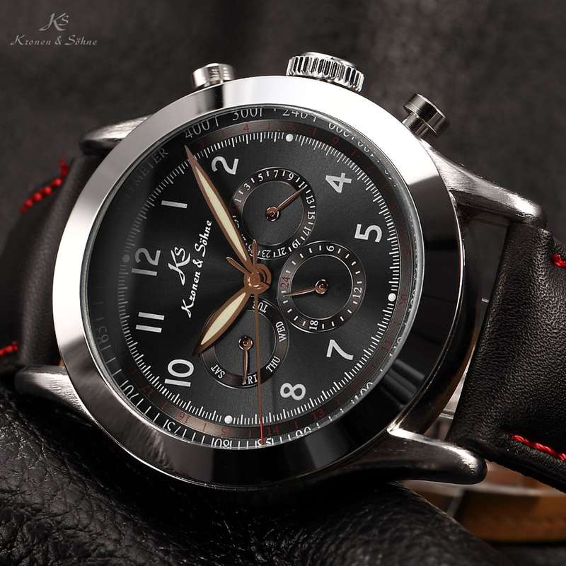 KRONEN & SOHNE Leather AUTOMATICO Chronograph Watch w/ BOX, PAPERS, WARRANTY