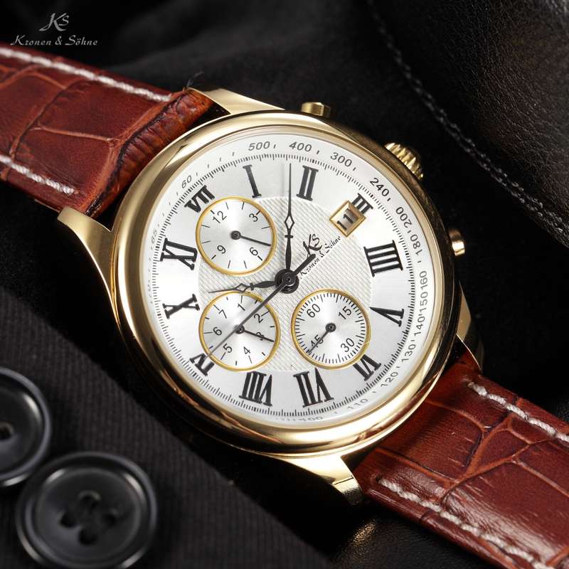 KRONEN & SOHNE JULES VERNE Classic Leather Chronograph AUTOMATICO Watch w/ BOX AND PAPERS