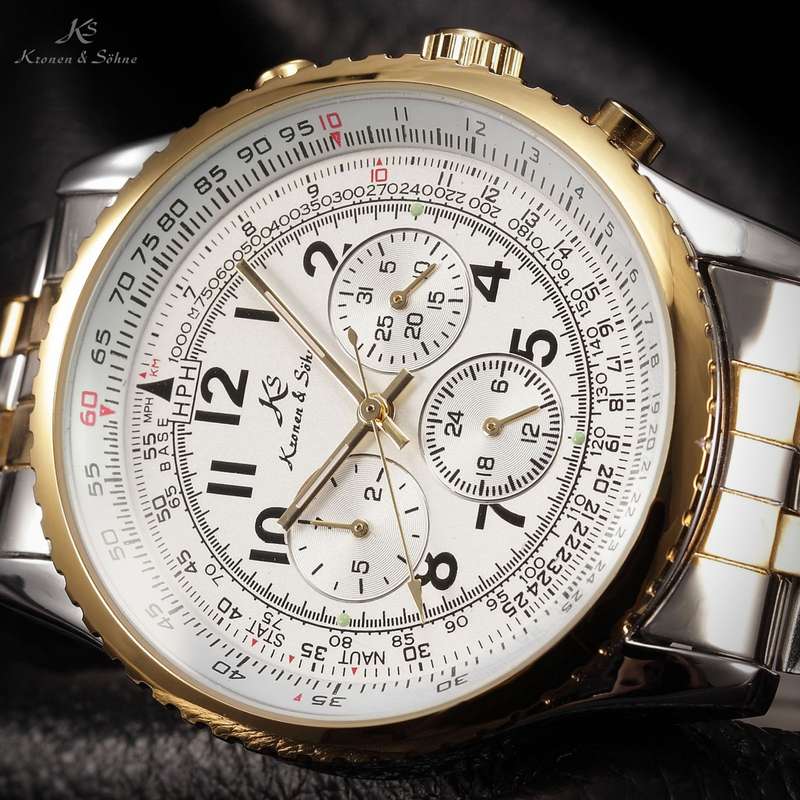 *R1* KRONEN & SOHNE Aviator AUTOMATIC NO BATTERY Flight Calculator Chrono Watch w/ box, papers
