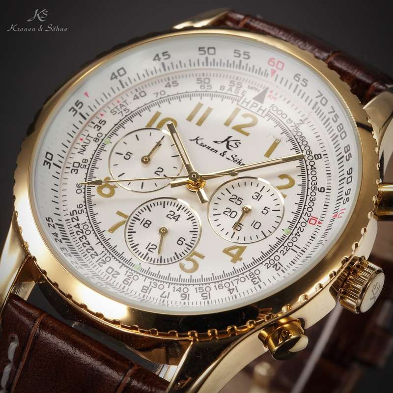 *R1* KRONEN & SOHNE Aviator AUTOMATIC NO BATTERY Flight Calculator Leather Chrono w/ box, papers