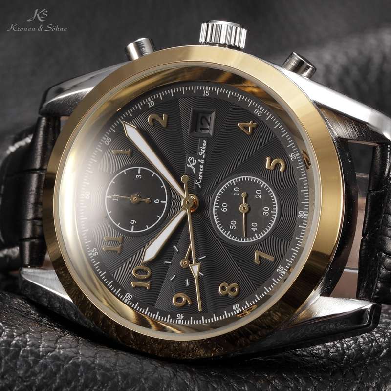 KRONEN & SOHNE Commander Black Leather Automatic Chronograph Watch w/ BOX, PAPERS