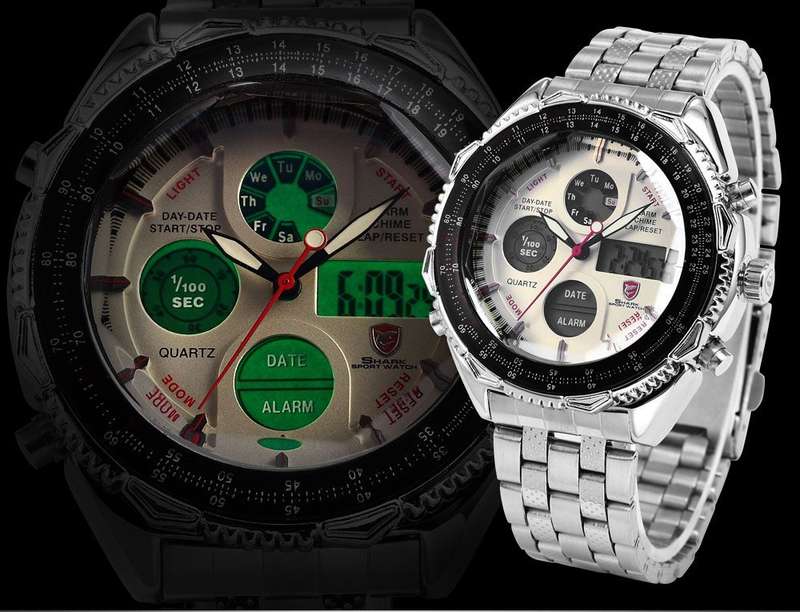 *HOT* SHARK EIGHTGILL ANA-DIGI DUAL TIME SILVER CHRONOGRAPH WATCH W/ BOX, PAPERS, LOADED!!