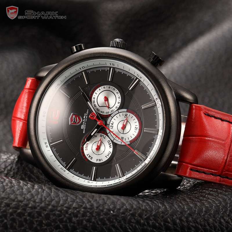 SHARK Relogio F1 Red Leather DUAL TIME 47mm Chrono Watch W/ BOX, PAPERS, LOADED!!