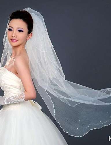 2 TIER WEDDING IVORY OR WHITE BRIDAL VEIL - SCOLLOPED EDGING & PEARL BEADING