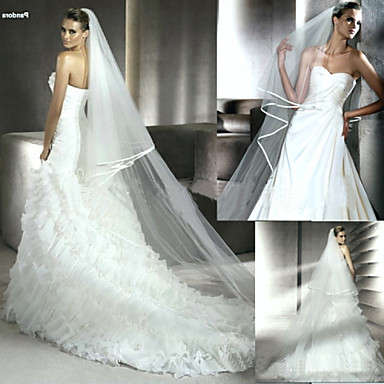 3M WHITE WEDDING BRIDAL CATHEDRAL VEIL  -  THIN SATIN RIBBON BORDER/EDGING